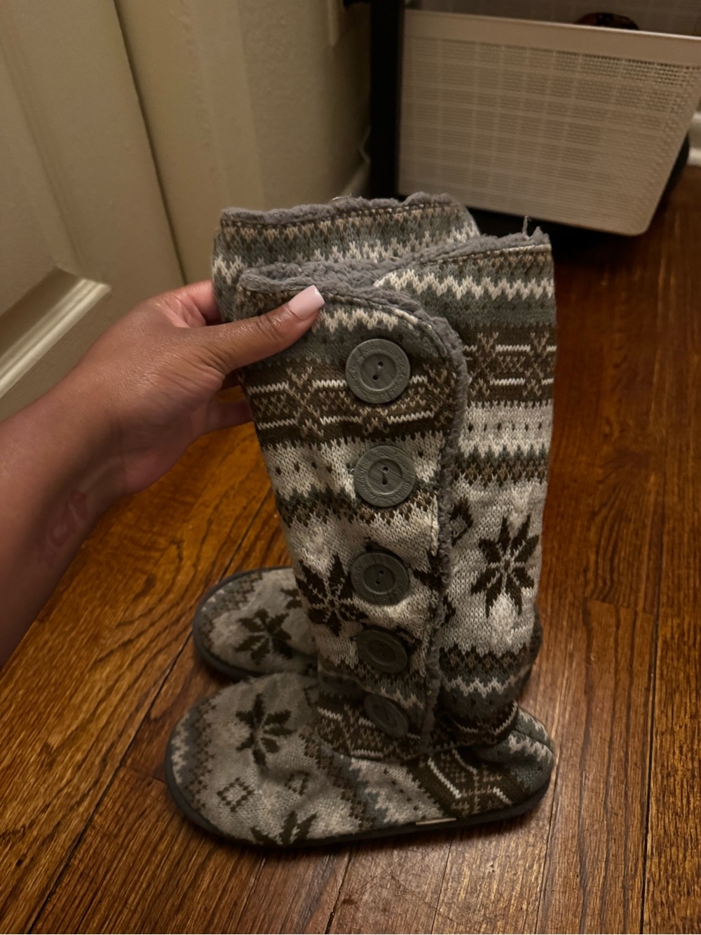 Cozy Gray Patterned Button Boot Slipper - Home Accents